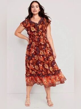 Old Navy Waist-Defined Flutter Sleeve Maroon Floral Midi Dress (Size: XL Tall)
